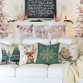 YCOLL Cushion Covers, Christmas Cushion Covers, Decorative Linen Cushion Covers for Decoration, Christmas, Sofa, Bedroom, Couch, 40 x 40 cm, Set of 4