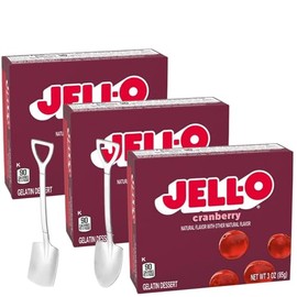 Jell-O Gelatin Dessert Mix - 3 oz Boxes (Pack of 3) - With Mini Metal Shovels (Cranberry) - Shovel Spoons