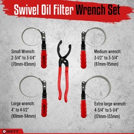 WETT Swivel Oil Filter Wrench Set, 5-Piece Standard Oil Filter Removal Tool, with 12" Adjustable Oil Filter Plier, Stainless Steel Remover Pliers (2-3/4" to 5-1/4")