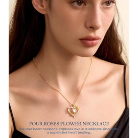Beam & Bask Rose Flower Love Heart Necklace for Wife, 2 Carat Moissanite Women's Pendant, Sterling Silver Plated with 18K Gold, Anniversary Birthday Wedding Jewelry for Girlfriend Soulmate Her