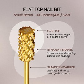 PANA Flat Top Small Barrel 3/32" Shank Size - (Gold, 4X Coarse Grit) - Fast remove Acrylic or Hard Gel Nail Drill Bit for Manicure Pedicure Salon Professional or Beginner