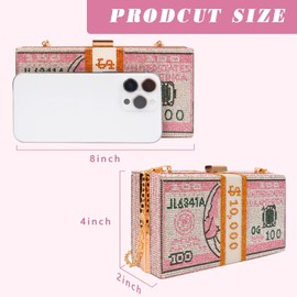 QZUnique 3 Pieces Dollar Clutch Evening Bag with Dollar Necklaces Earrings Women Crystal Rhinestone Stack of Money Handbag Shoulder Purse Wallet