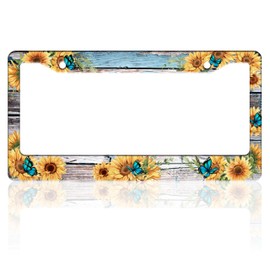 Blue Butterfly Sunflower License Plate Frame Wooden Board Flowers Animals License Plate Holder for Front and Rear Car Tags Stainless Steel Funny Car Decoration with Screws 6.3 X 12.2 in
