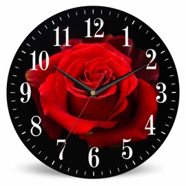 Mxocom Red Rose Wall Clock Nature Floral Petal Leaf Valentine's 10 Inch Silent Non Ticking Battery Operated Clock Vintage Round Clock for Living Room Bedroom Bathroom Office Decor
