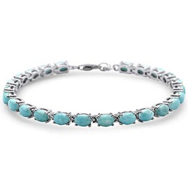 CloseoutWarehouse Natural Larimar Oval Shape Fire Tennis Bracelet Sterling Silver 7"