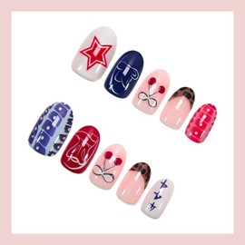 French Tip Press on Nails Short Oval Fake Nails Cute False Nails with Stars Cherry Leopard Print Designs Glossy Glue on Nail Full Cover Acrylic Nail for Women Girls 24Pcs