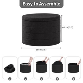 PINPLUS Storage Ottoman, Round Ottoman Teddy Velvet with Tray, Removable Storage Footstool Ottoman Foldable Coffee Table Ottoman for Living Room, Bedroom, Dorm (Dark Grey)
