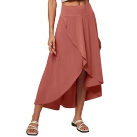Heathyoga High Waist Wrap Skirt with Shorts Flowy Skirts for Women Trendy Summer Ruffle High Low Maxi Skirt with Slit Coral