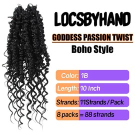 Boho Crochet Passion Twist Hair Pre looped, 10 Inch Goddess Passion Twist Crochet Hair with Curly Ends 8 Packs Natural Black Pre-twisted Bohemian Crochet Braids (8 PCS/88 STRANDS, 1B)