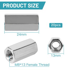 LALAGO 20 pieces M8 x 24 mm connecting nuts long nuts made of stainless steel VA V2A A2, screw-in nut connection sleeves hexagonal, cross nut bolts, threaded sleeves, spacer sleeves, long nuts