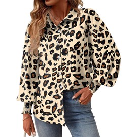 Rapbin Button Down Shirts Dressy Boho Printed Blouse Smocked Cuff V Neck Business Casual Office Outfit Spring Clothes AL M