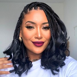 French Curl Crochet Braids 12 Inch Goddess Box Braids Crochet Hair 8 Packs Pre Looped Crochet Box Braids with Curly Ends Synthetic French Curly Braiding Hair Extensions 1B#