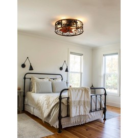 Curve Curio 18 Inch Farmhouse Caged Ceiling Fan with Light, Rustic Style Flush Mount Low Profile Ceiling Fan for Kitchen, Bedroom