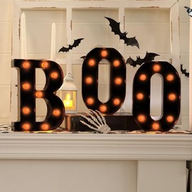 3 letras de marquesina iluminadas con LED para decoración de Halloween formando la palabra "BOO", decoración para cocina, mesa, chimenea, fiesta, inte