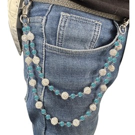 Sparkly Ceramic Beads Waist Chain Bohemian Shiny Bead Keychain Purse Jean Pants Chains for Men Women Fashion Accessories Gift (white+blue)