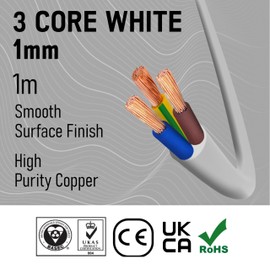 Primes DIY 3 Core Round White Flex Flexible Cable, stranded electrical copper wire, Insulated Flexible PVC Wire, Stranded Wire High Temperature Resistance, 3182Y BASEC Approved 1mm(1 Meter)