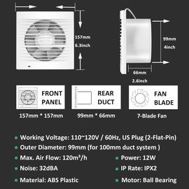 Moonjor 4" Exhaust Fan, 55CFM 12W Small Window Wall Mount Vent Extractor Fan for Kitchen Bathroom Workshop Garage (US Cord)