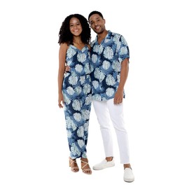 Matchable Couple Hawaiian Luau Shirt in Pacific Palm Navy, Men, L
