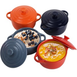 Jucoan 4 Pack Porcelain Ramekins with Lid, 8 oz Small Cocotte Casserole Dishes with Lids and Handles, Individual Servings Souffle Creme Brulee Dishes for Baking, Oven Safe, 4 Colors
