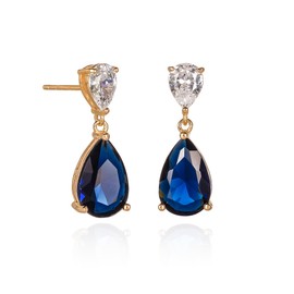 Diamond Treats Gold Plated 925 Sterling Silver Earrings for Women with Blue Cubic Zirconia Stones, Sapphire Blue Earrings for Women, Gold Drop Earrings for Women, Sapphire Blue Teardrop Earrings