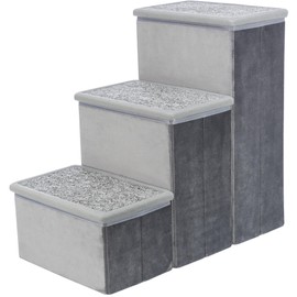 TRIXIE Velour 3-Step Pet Stairs with Storage, Collapsible, Storage Compartments for Pet Toys,Gray
