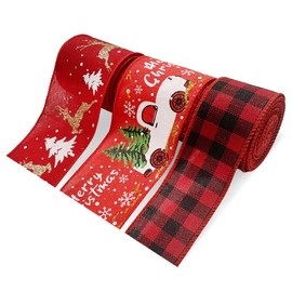 HAIKING Christmas Wired Ribbon, 3 Rolls Truck Tree Buffalo Plaid Christmas Tree Ribbon for Christmas Decorations, Bows, Wreath (3 Style)