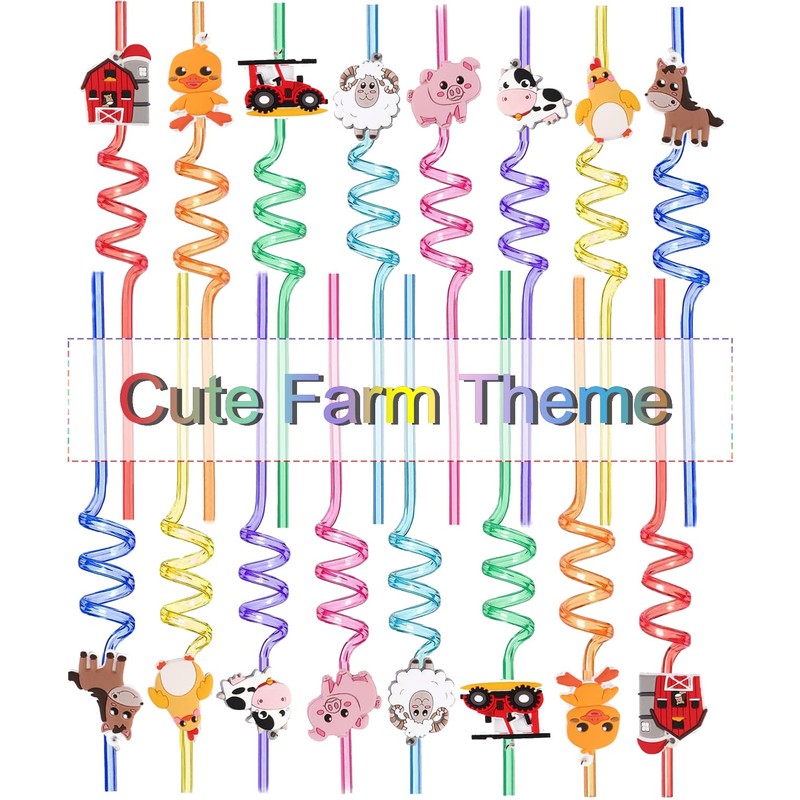 Reusable Farm Animal Birthday Party Straws, Farm Animals Plastic Curly