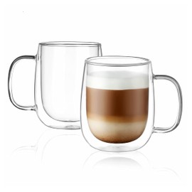 CNGLASS Taza de café grande de vidrio de doble pared de 15 onzas, taza de café de vidrio transparente aislada con mango grande