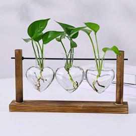 Fenteer Terrarium Planter Hydroponics Plant Holder with 3 Heart Shaped Vases Multipurpose for Table Centrepiece Wood Rack 30x16cm