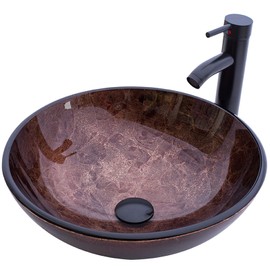 YIMAI Ingenuity Bathroom Vessel Sink 16.5" Vessel Sinks Tempered Glass Brown Art Basin Round Bowl with Faucet Combo Brown,Countertop Bowl Sink for Lavatory Vanity Cabinet