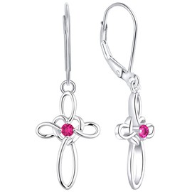 YL Celtic Knot Cross Earrings Sterling Silver Dangle Drop Earrings Created Ruby Religious Leverback Jewelry for Women