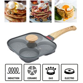MIHUNTER 4-Cup Aluminum Nonstick Egg Pan with Lid, Suitable for Gas Stove & Induction Cookware