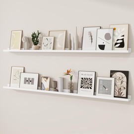 RICHFOCUS Picture Ledge Shelf, 72 inch Floating Shelves Set of 2, Wood Wall Shelves with Lip, Wall Decor Storage for Bedroom Living Room Bathroom Kitchen Nursery Photo Picture, White