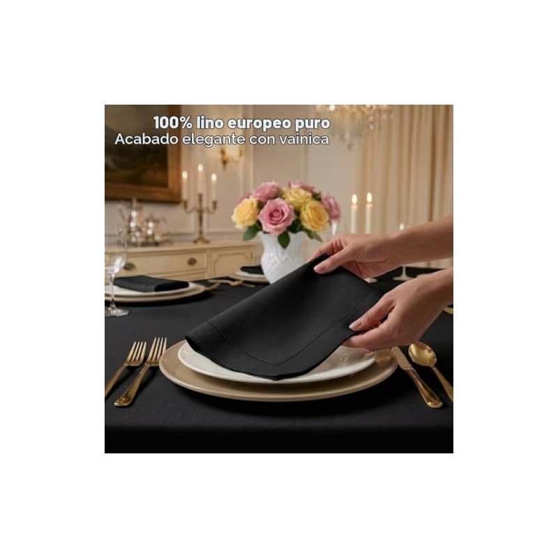 Signature Linen™ de D'Moksha, 100% Lino Puro Negro Servilletas Juego