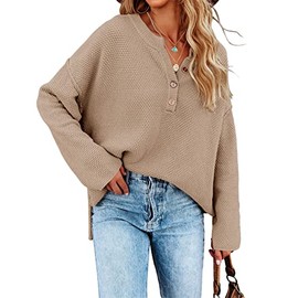 Saodimallsu Womens V Neck Oversized Sweaters Batwing Long Sleeve Button Up Henley Tops Pullover Loose Chunky Knit Jumper Khaki