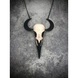 Raven Ranch Studio Crescent Moon Raven Skull Necklace - Skull With Horns Goth Bird Skull Jewelry