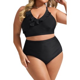 Hanna Nikole Womens High Waisted Plus Size Swimsuits Tummy Control Bikini Sets Black