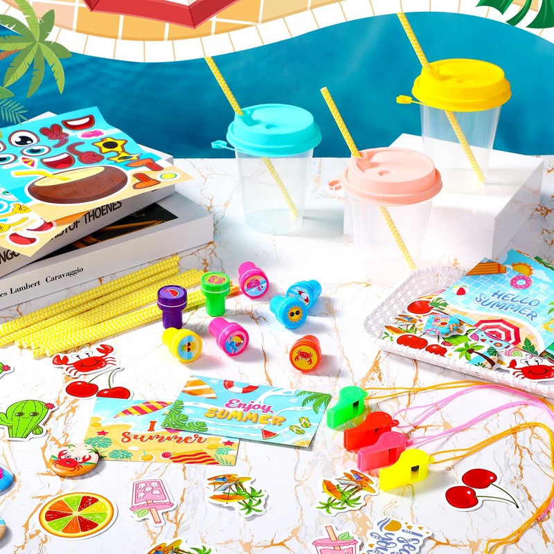 Funrous 146 Pcs Summer Party Favors, DIY Stickers Button Pins