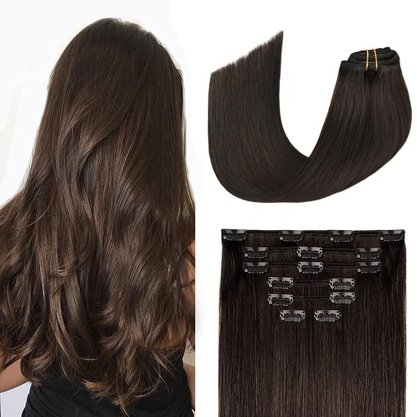 Extensiones de pelo con clip, 70 g, color marrón oscuro, 100 % cabello humano Remy, suave, sedoso, liso, para mujeres de moda, 7 piezas, 16 clips, un paquete (45,7 cm #2)