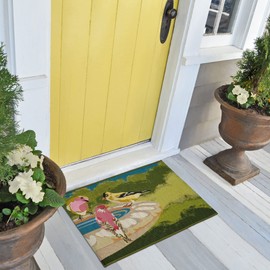 Liora Manne Esencia Machine Washable Non-Slip Low Profile Indoor/Outdoor Mat-Transitional, Garden, Bird, Whimsical, Bathing Birdies Green 2'5" x 3'11"