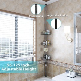 DAKEPOLE Tension Shower Caddy Stainless Steel, Rustproof Tension Pole Corner Shower Caddy Stand Storage Organizer for Bathroom Bathtub Shampoo Soap Plants, 4 Tier Adjustable Shelves, 54 to 125 Inch