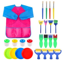 25Pcs Arts & Crafts Painting Set, DIY Learning Tools with Waterproof Apron Sponge Paint Brushes and Foam Pattern Brushes for Doodle & Graffiti Drawing