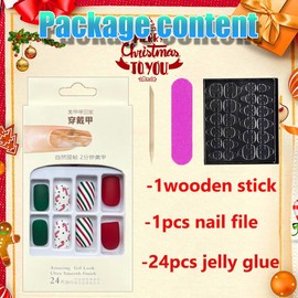 Christmas Short Press on Nails Square Fake Nails with Candy Canes and Stripe Line Designs False Nails Full Cover Acrylic Nails Xmas Red Green Matte Nails Winter Stick on Nails for Women 24Pcs