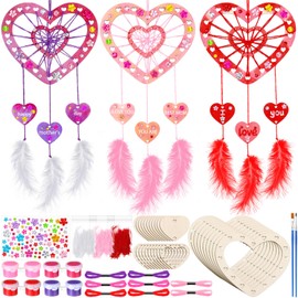 Wovnet 12 Sets Mother's Day Heart Dream Catchers Kit Heart Shape Dream Catcher Crafts Mother's Day Coloring Wooden Arts Paint You Own Love Catcher for Party Activity