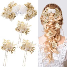 Solsew 4 Pcs White Floral Hair Set 1 Comb 3 Pins Dried Roses and Babys Breath Wedding Bridal Headpieces Hairpins Wedding Hair Accessories for Bridesmaid Romantic Updo Photoshoot Party Natural Flower