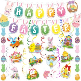 45 Pcs Happy Easter Banners Garland Easter Decorations for Office Home School Classroom Bunny Egg Hanging Decor Supplies for Egg Hunt Party Favors