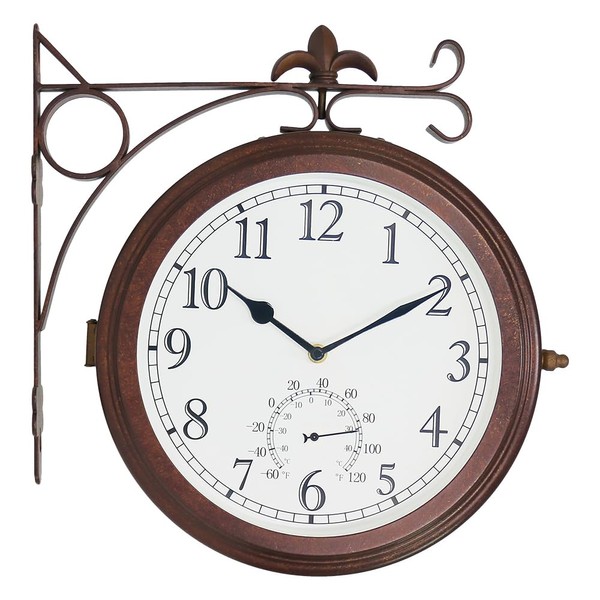 BESTIME 66276A Double Sided Metal Wall Clock.Dial: 10-Inch,Thermometer, Quiet,Easy Read,Retro Station,Antique Hanging Clocks for Garden,Home Decor,Indoor,Outdoor,Living Room.