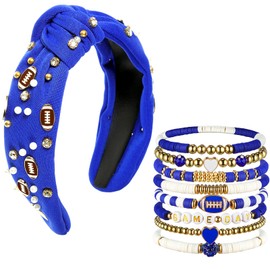 Quelay Knotted Headband for Women Football Birthday Party Headband and 8 Pcs Bracelets Accessories Pearl Rhinestone Jeweled Knotted Beaded Stretch Bracelet for Game Day Gifts(Blue,White Blue)