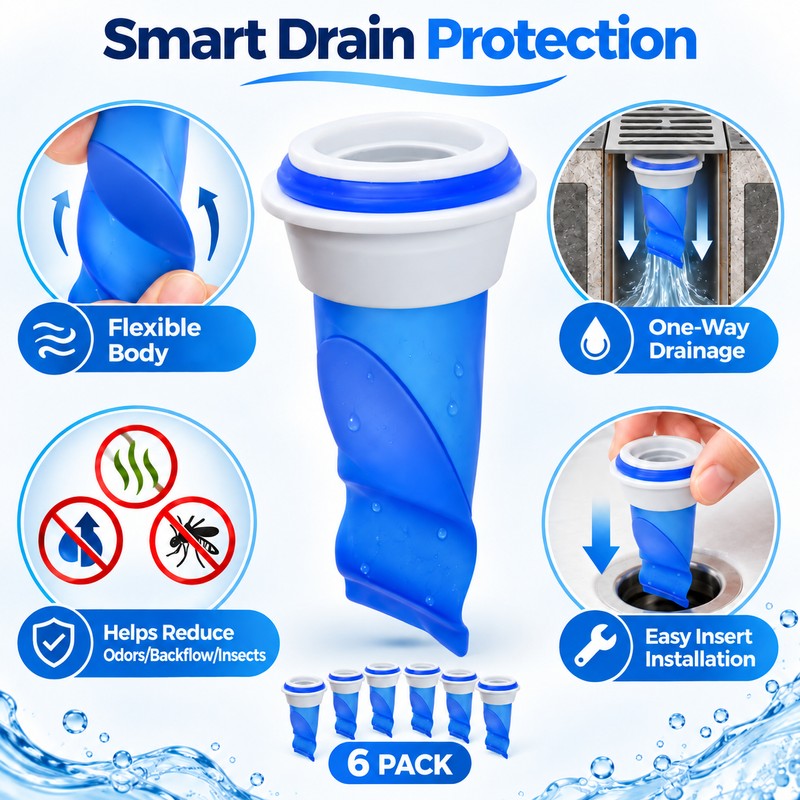 6-Piece Adjustable Silicone Floor Drain Trap – One-Way Backflow Preventer