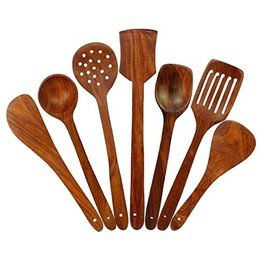 Handicrafts Wooden Serving and Cooking Spoons Wood Brown Spoons Kitchen Utensil Set of 7 (Design 02)